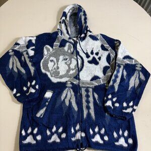 ARTESANIAS TUNTAQUIMBA BLUE NATIVE AMERICAN WOLF SPIRIT HOODIE FUZZY MEDIUM